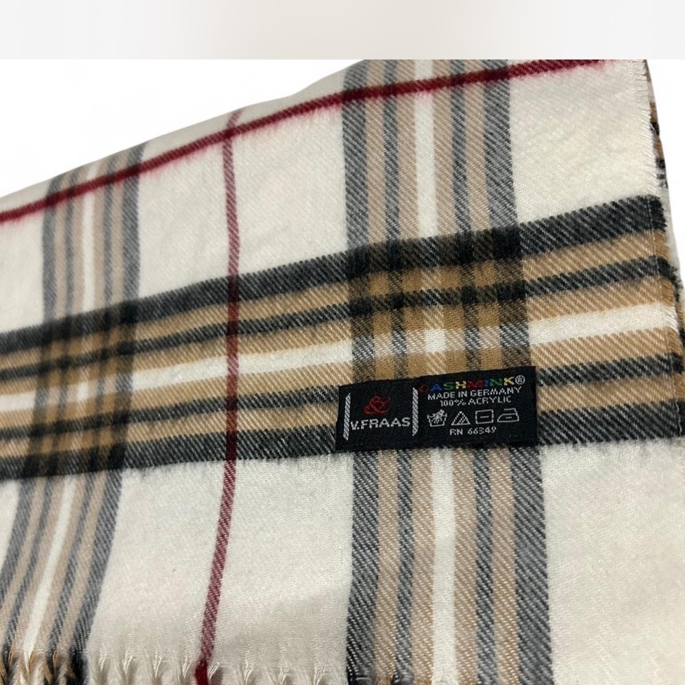 IV. Fraas Cashmink Wide Check Plaid Fringe Unisex Scarf Cream Black Burgundy - Picture 3 of 6
